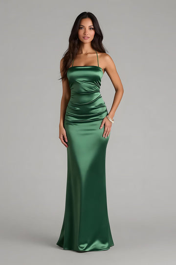 Vert foncé spaghetti bretelles satin sirène longue robe de demoiselle d’honneur